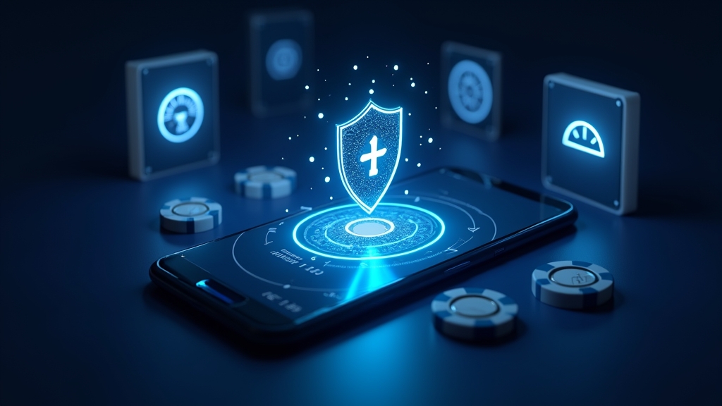 Smartphone with safety and performance icons in a dark casino scene