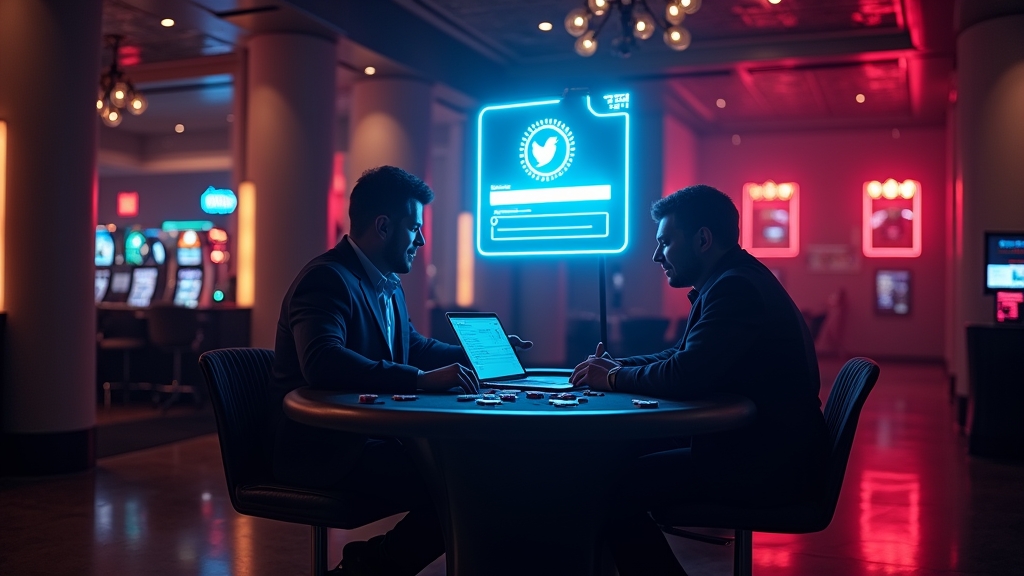 Player entering casino login details on a glowing screen in a dark gaming room.