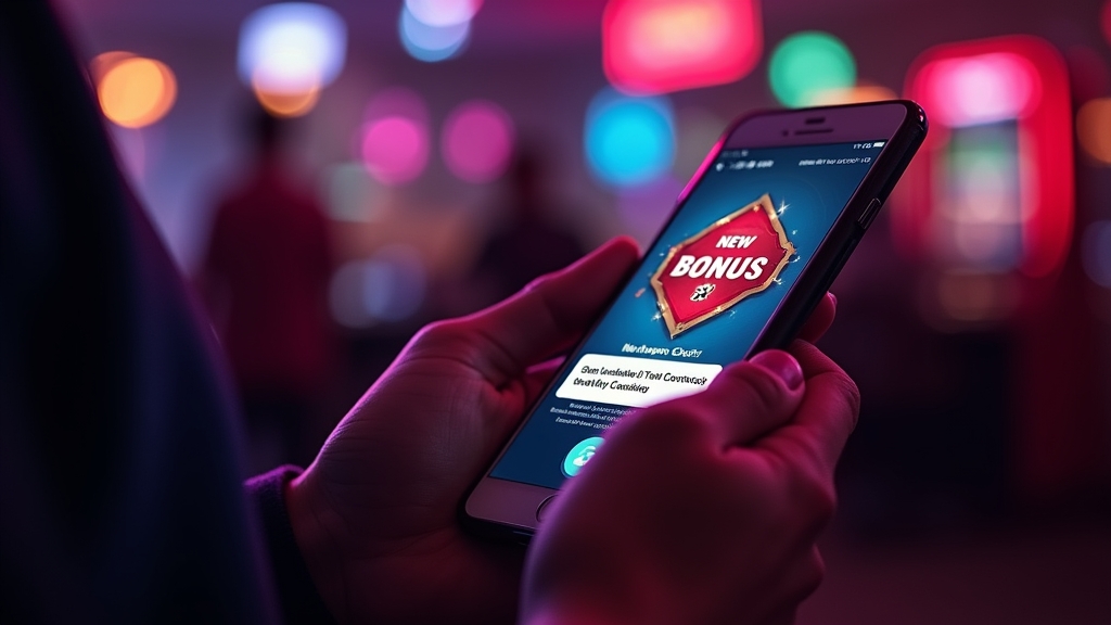 Player entering a no deposit bonus code on a smartphone in a neon casino