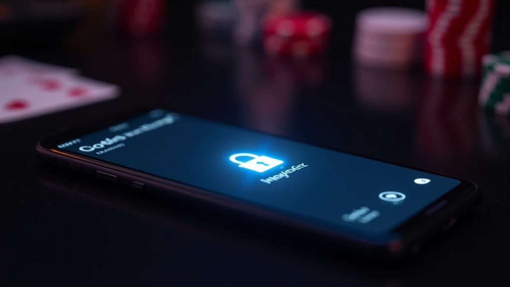Secure mobile login with fingerprint unlock and a padlock in a dark casino setting.